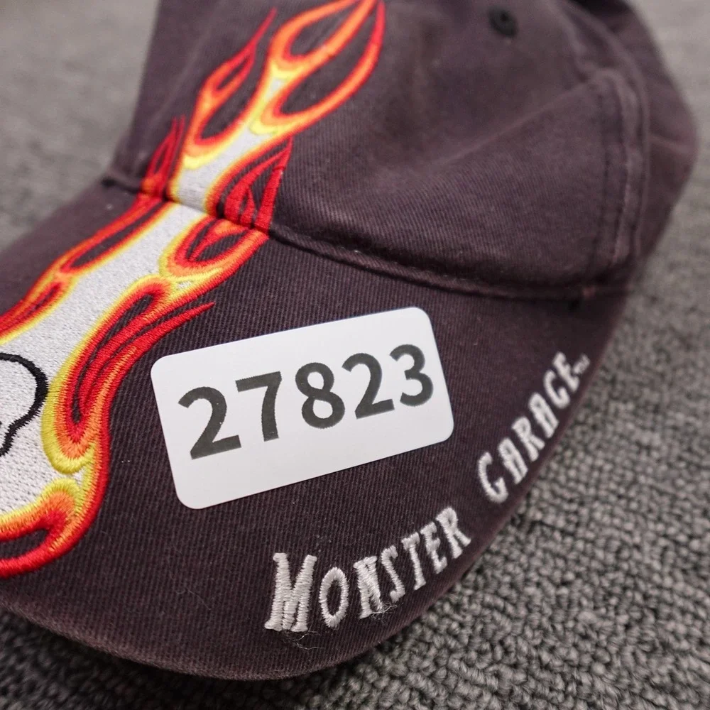 Vintage Monster Garage Hat Cap Strap Back Mens One Size Black Flame Skull Y2K